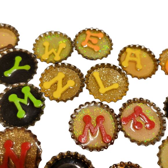 Handmade Alphabet Bottlecap Magnets Set of 34 - Resin, Fridge Decor - Picture 5 of 16